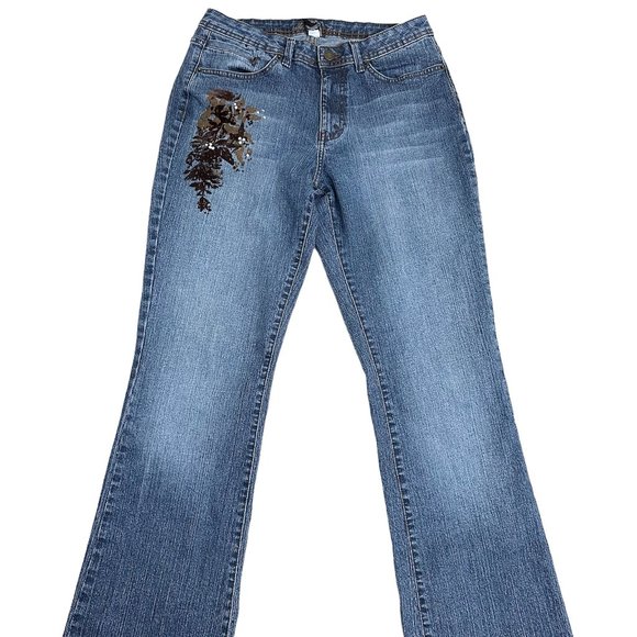 Kikit Womens Jeans Denim Size 8 Medium Blue Embellished Floral Bootcut Pants - Picture 1 of 5